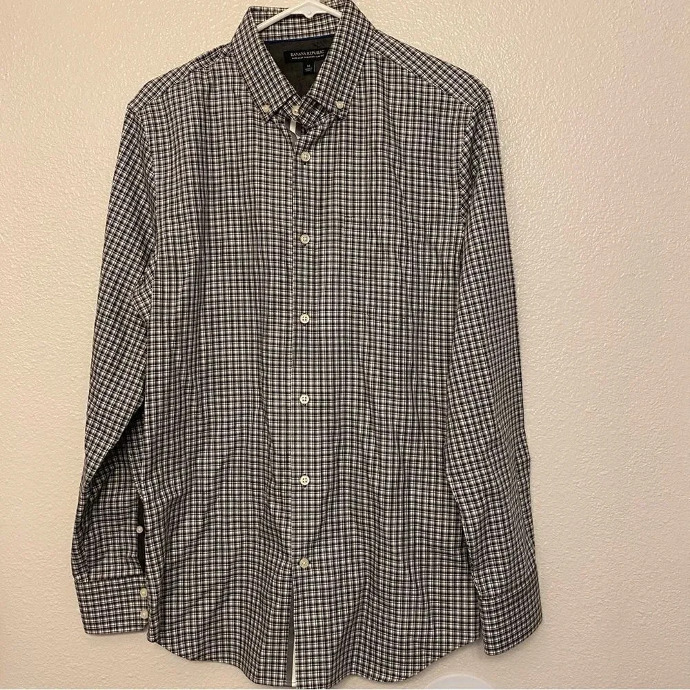 Banana Republic non iron tailored slim fit black Checked plaid button up shirt M